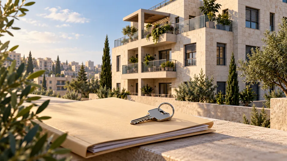 מפתחות ותיק מסמכים על רקע בניין מגורים, המחשה