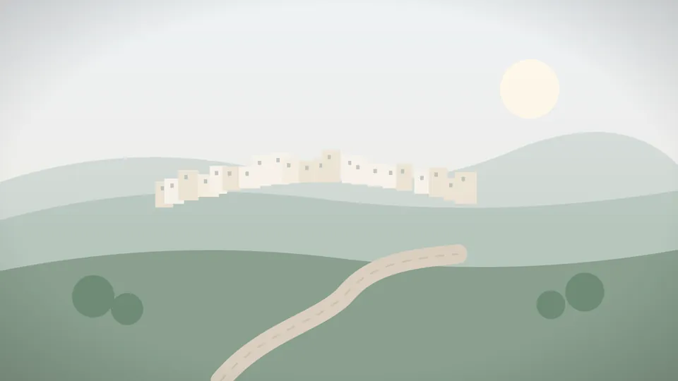 כפר על רכס בערפל בוקר, בלי דגלים