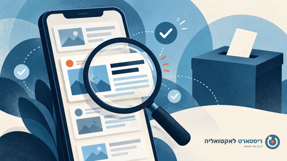 טלפון עם כרטיסי תוכן מופשטים, זכוכית מגדלת וסימני בדיקה, לצד תיבת קלפי