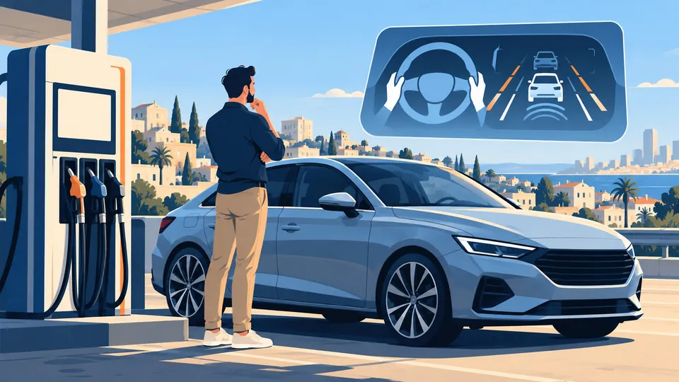 איור של נהג לצד רכב משפחתי ומשאבת דלק עם תצוגה ריקה, ומעליהם המחשה של מערכת סיוע לנהג