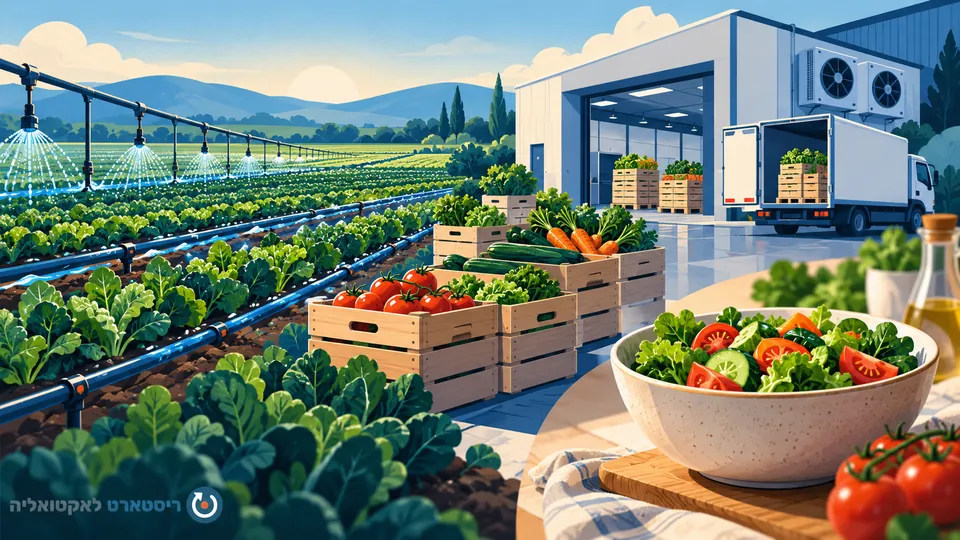 שדה מושקה וארגזי ירקות לצד מחסן קירור וקערת סלט